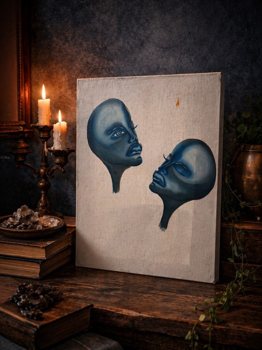 Abstract Acrylic Blue Faces Original Art Painting on Canvas 12x16in Surrealism